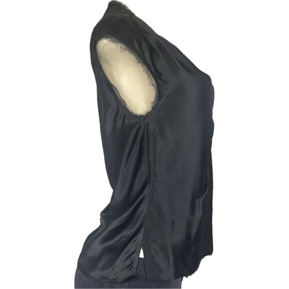 INC 6 Black 100% Silk Jewel Cinched V- Neck Raw Edge Mesh Trim Sleeveless Blouse - Picture 3 of 6